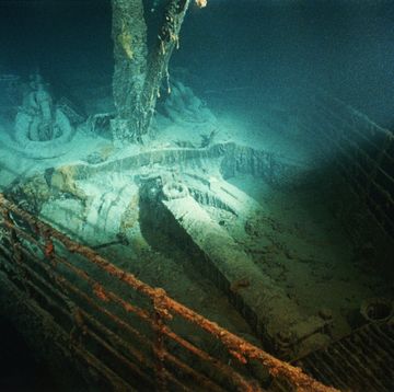 a spare anchor sits in its well on the forepeek of the shipwrecked titanic